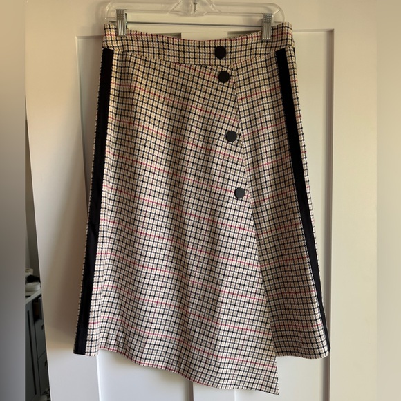 NWOT Maje plaid Midi Asymmetric flare Skirt with black red and beige